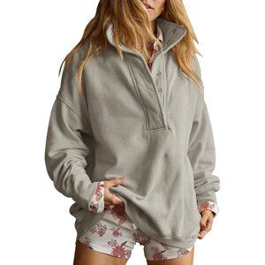 Women's Gray Oversized Casual Long Sleeve Henley Neck Pullover Sweatshirt
